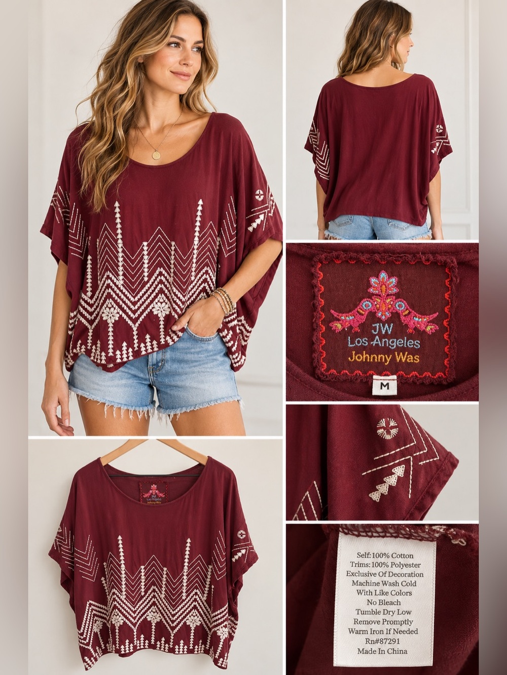 Johnny Was JW Los Angeles Burgundy Embroidered Boho Dolman Top Size Medium